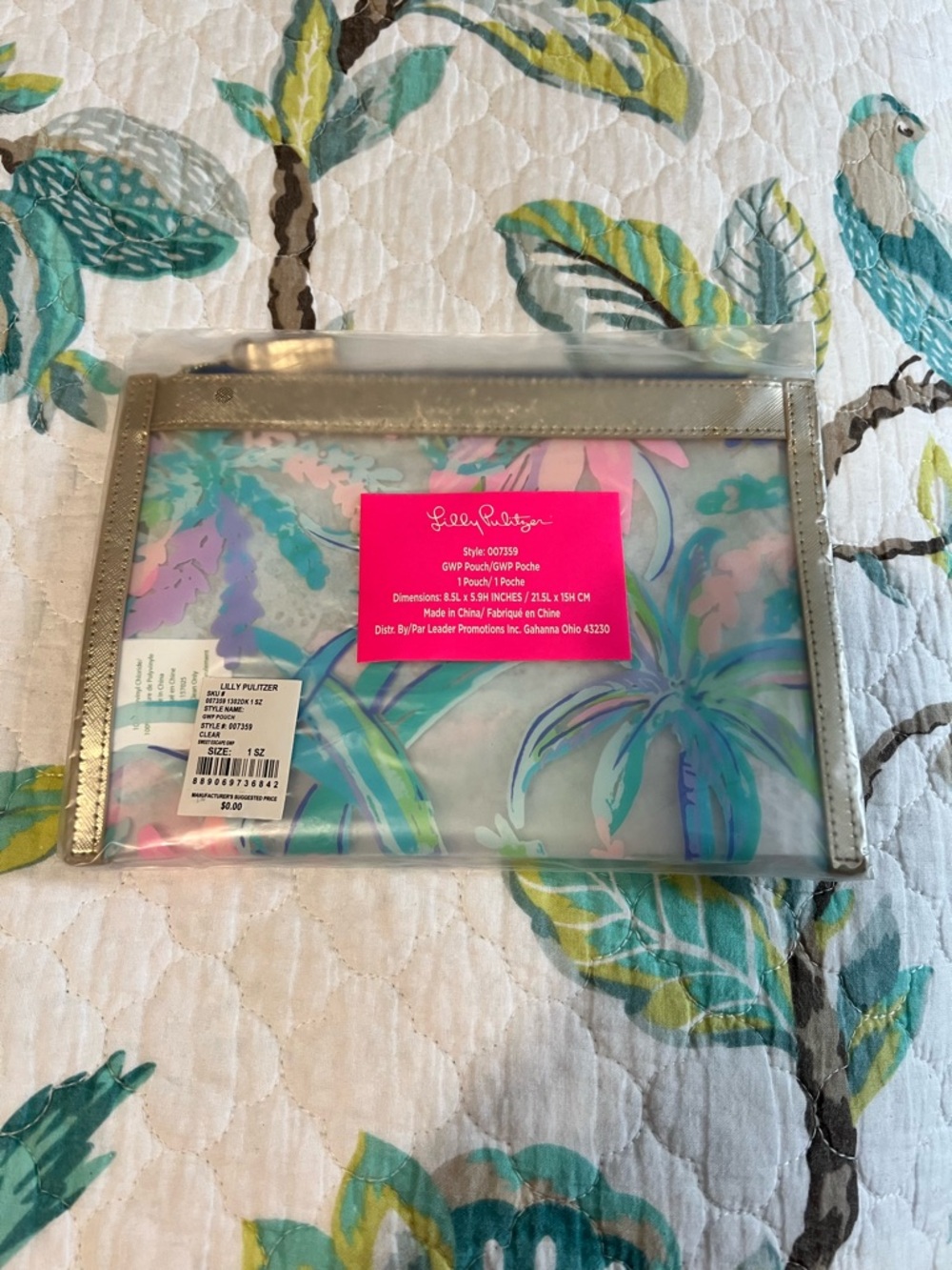 NWT Lilly Pulitzer GWP Cosmetic Pouch w/ Turquoise, Pink and Gold Palm Tree